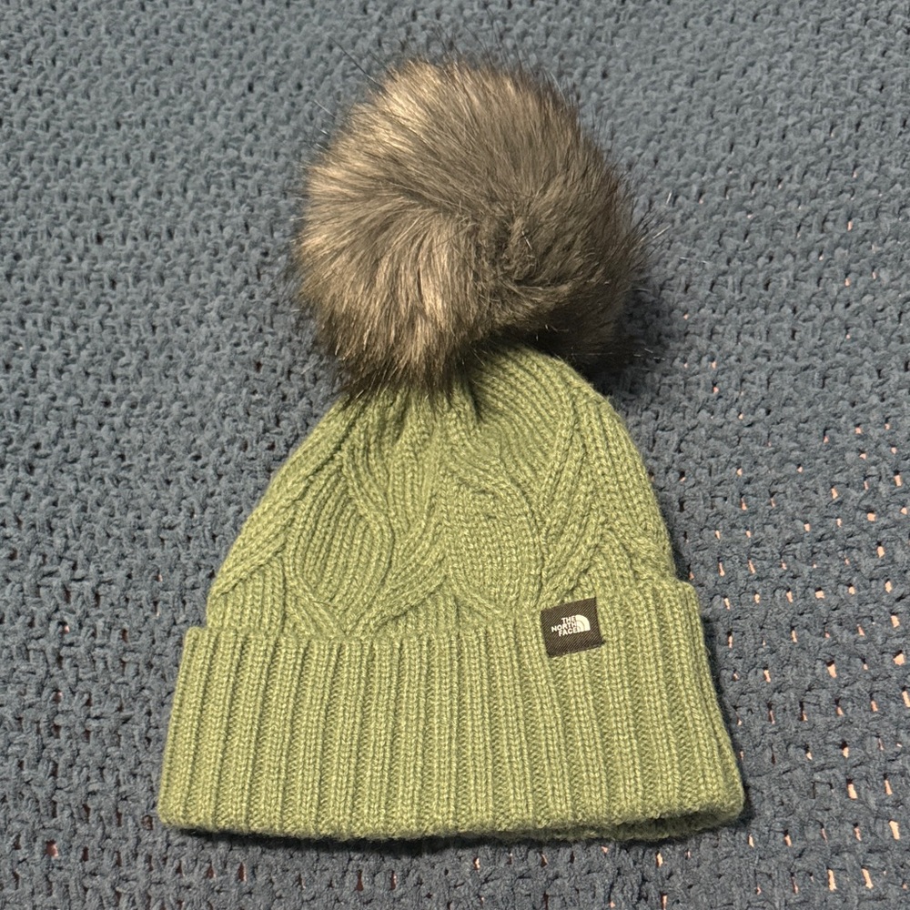 The North Face Olive Cable Knit Beanie with Faux Fur Pom